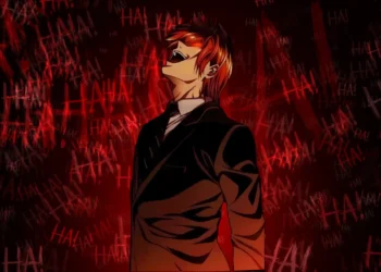 Light Yagami holding the Death Note with red glowing background and intense expression, symbolizing his transformation into Kira – dark anime wallpaper