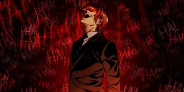 Light Yagami holding the Death Note with red glowing background and intense expression, symbolizing his transformation into Kira – dark anime wallpaper