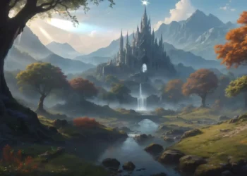 Fantasy castle on a mountain with waterfalls, glowing sun, floating airships, and scenic landscape in a magical medieval world – live wallpaper.
