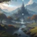 Fantasy castle on a mountain with waterfalls, glowing sun, floating airships, and scenic landscape in a magical medieval world – live wallpaper.