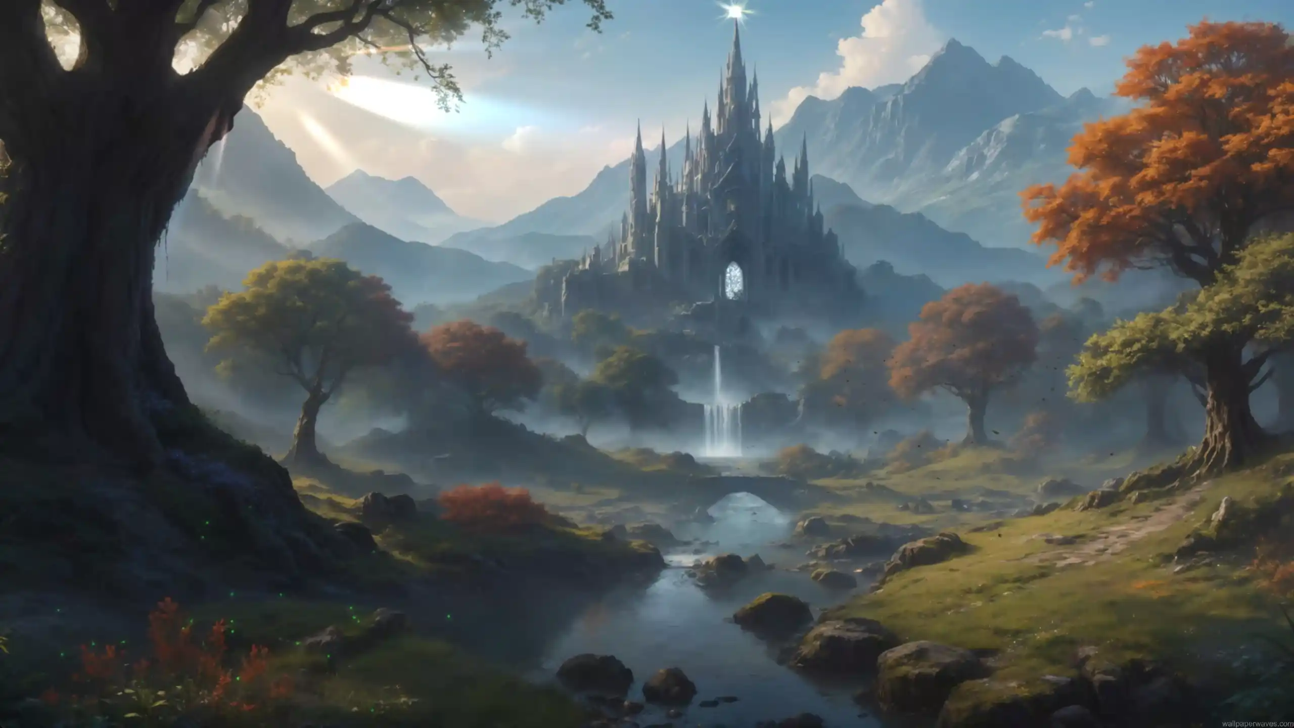 Fantasy castle on a mountain with waterfalls, glowing sun, floating airships, and scenic landscape in a magical medieval world – live wallpaper.
