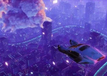 Futuristic flying car soaring over neon-lit cyberpunk city skyline at night, with glowing buildings and digital atmosphere – live wallpaper.