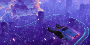 Futuristic flying car soaring over neon-lit cyberpunk city skyline at night, with glowing buildings and digital atmosphere – live wallpaper.