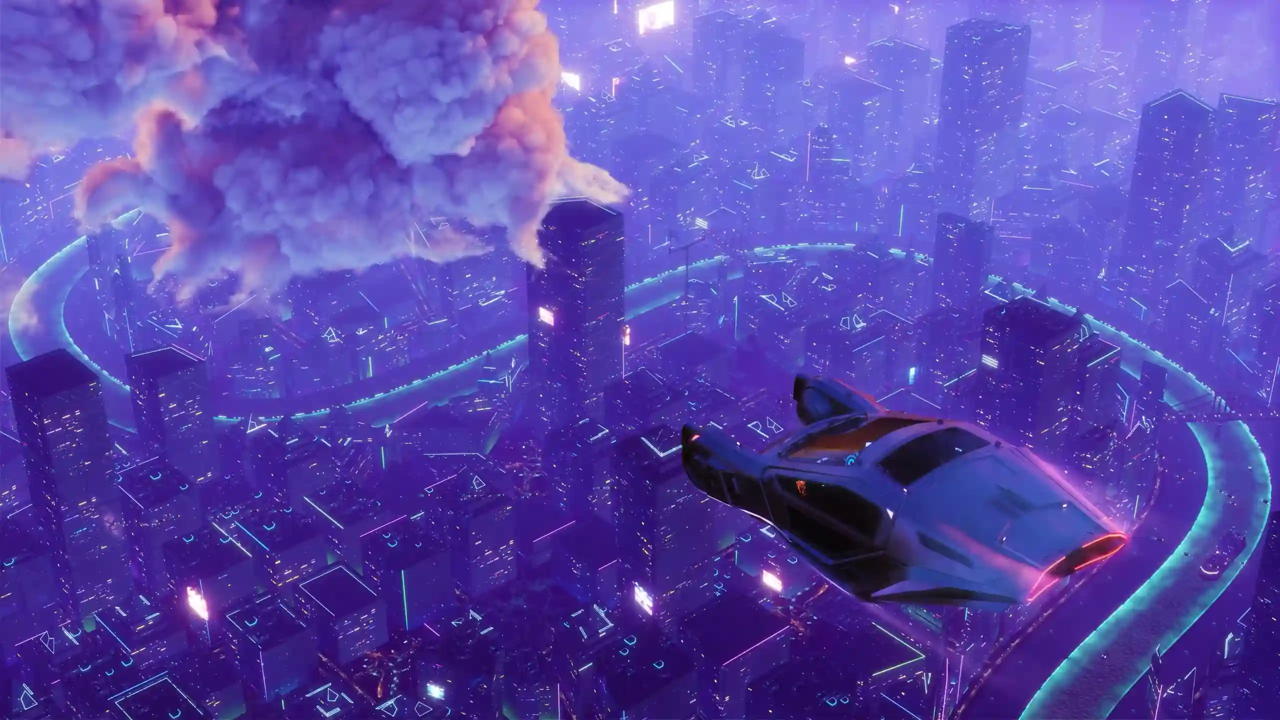 Futuristic flying car soaring over neon-lit cyberpunk city skyline at night, with glowing buildings and digital atmosphere – live wallpaper.