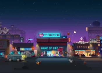 Futuristic pixel art city street with neon lights, flying cars, and glowing signs in a retro arcade game world – live wallpaper.