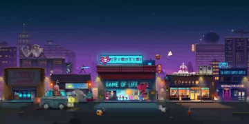 Futuristic pixel art city street with neon lights, flying cars, and glowing signs in a retro arcade game world – live wallpaper.
