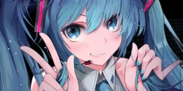 Hatsune Miku flashing a peace sign with turquoise hair flowing and soft glowing background – animated live wallpaper.
