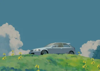Honda Civic parked in a peaceful green meadow with soft sunset lighting and distant mountains, live wallpaper