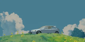 Honda Civic parked in a peaceful green meadow with soft sunset lighting and distant mountains, live wallpaper