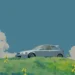 Honda Civic parked in a peaceful green meadow with soft sunset lighting and distant mountains, live wallpaper