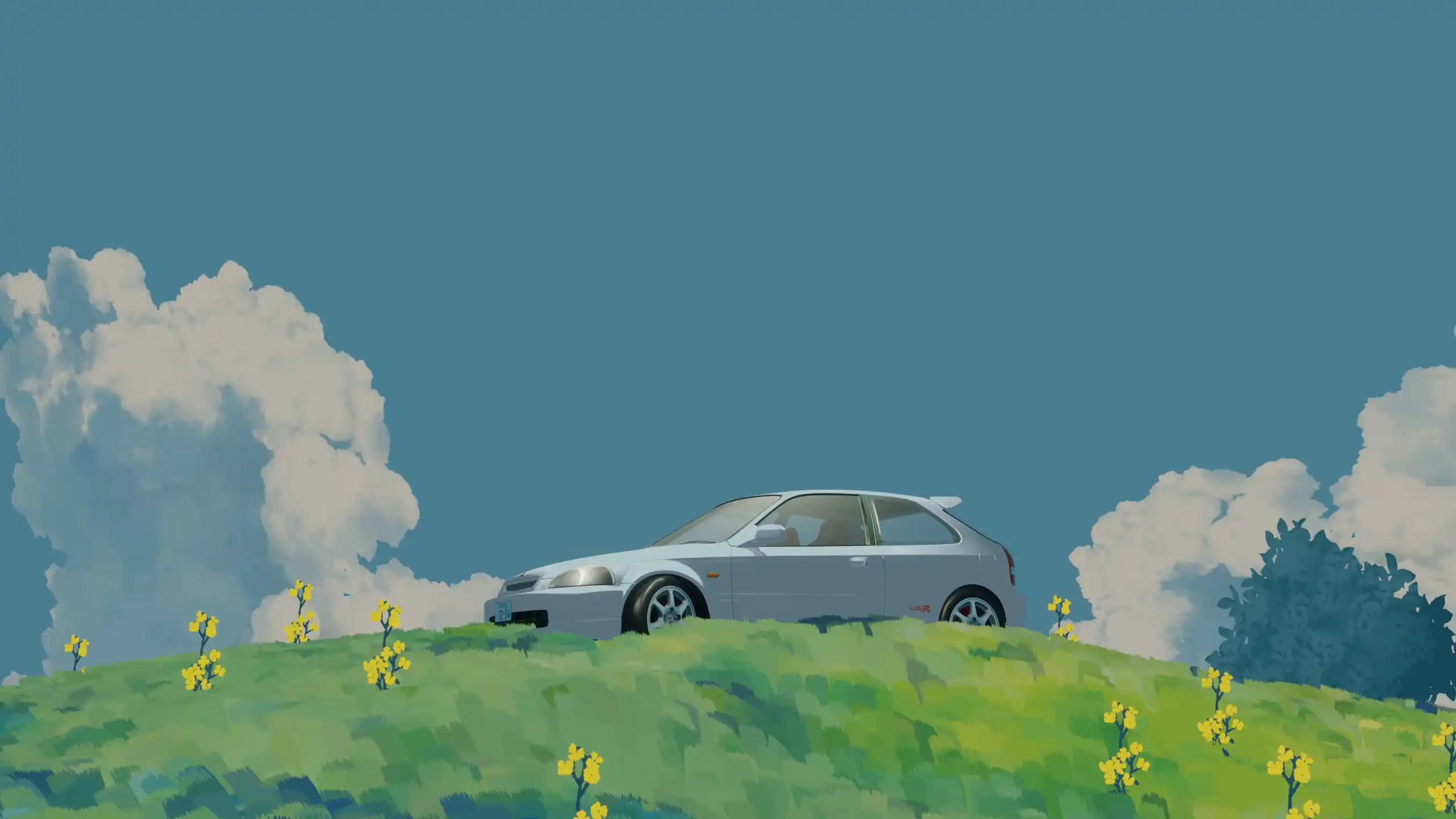 Honda Civic parked in a peaceful green meadow with soft sunset lighting and distant mountains, live wallpaper