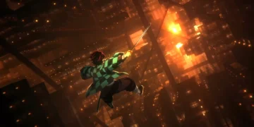 Tanjiro Kamado falling through the distorted halls of Infinity Castle with glowing lanterns, Demon Slayer live wallpaper
