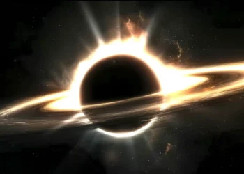 Animated black hole in deep space with swirling light, galaxy backdrop, and cosmic debris inspired by Interstellar – wallpaper.