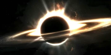 Animated black hole in deep space with swirling light, galaxy backdrop, and cosmic debris inspired by Interstellar – wallpaper.