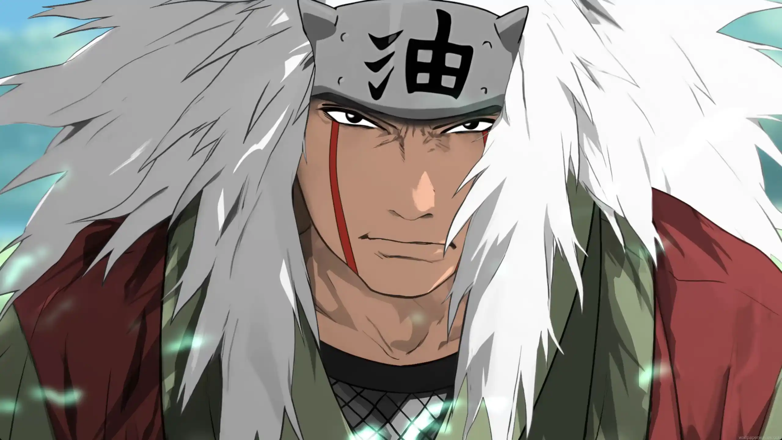 Jiraiya in Sage Mode from Naruto standing with red face markings, energy aura, and summoning toads behind him – wallpaper.