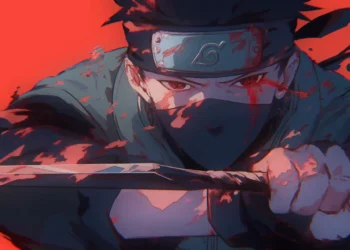 Kakashi Hatake with glowing Sharingan eye, blood splatter effect in misty background, dark anime aesthetic – live wallpaper.