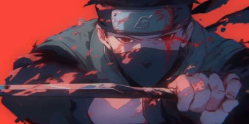 Kakashi Hatake with glowing Sharingan eye, blood splatter effect in misty background, dark anime aesthetic – live wallpaper.