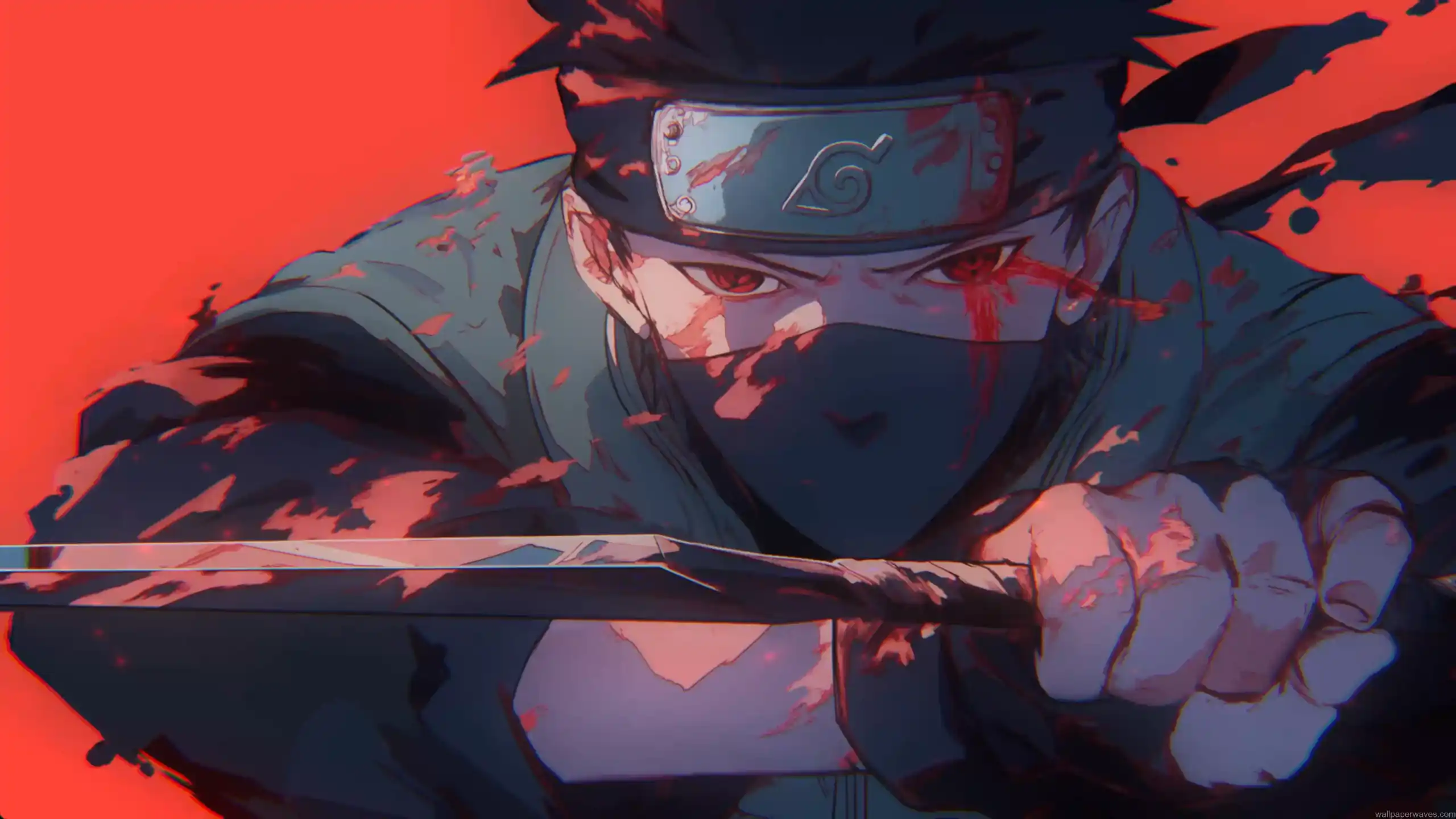 Kakashi Hatake with glowing Sharingan eye, blood splatter effect in misty background, dark anime aesthetic – live wallpaper.