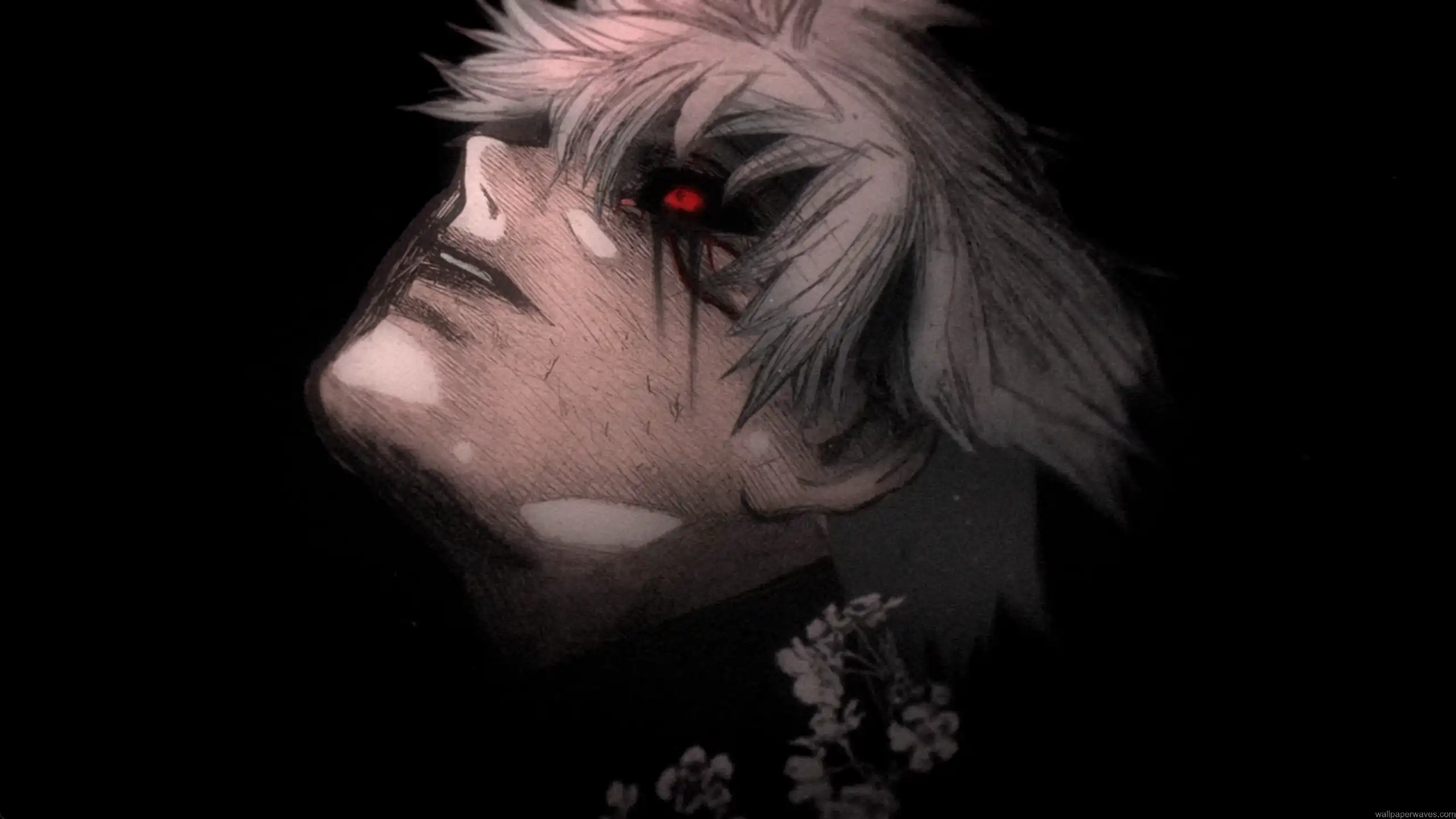 Kaneki from Tokyo Ghoul in his white-haired dark awakening form with red glow, glowing ghoul eye, and kagune in a rain-soaked alley – live wallpaper.