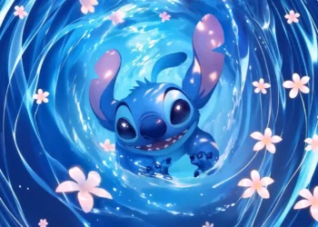 Lilo and Stitch swirling in a glowing ocean vortex with tropical and cosmic background, animated Disney scene – live wallpaper.