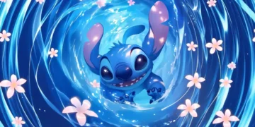 Lilo and Stitch swirling in a glowing ocean vortex with tropical and cosmic background, animated Disney scene – live wallpaper.