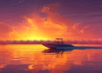 Scenic live wallpaper of a boat floating on a calm Miami lake during sunset with palm trees, golden sky, and water reflections.