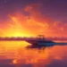 Scenic live wallpaper of a boat floating on a calm Miami lake during sunset with palm trees, golden sky, and water reflections.