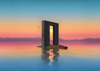 Minimalist glowing portal above reflective water with a surreal sunset sky and dreamy abstract atmosphere – wallpaper.