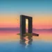 Minimalist glowing portal above reflective water with a surreal sunset sky and dreamy abstract atmosphere – wallpaper.