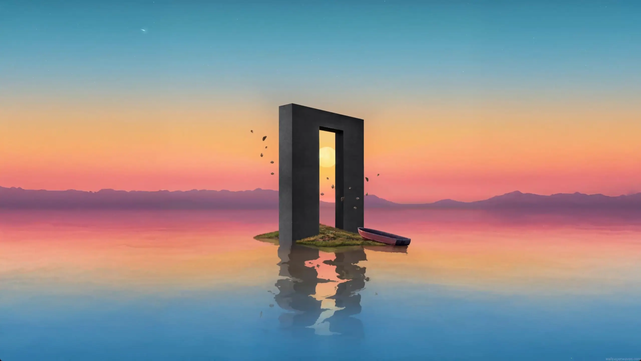 Minimalist glowing portal above reflective water with a surreal sunset sky and dreamy abstract atmosphere – wallpaper.