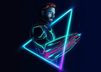 Glowing Captain America shield with red, white, and blue neon light effects spinning against a dark background with embers – live wallpaper.