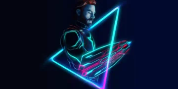 Glowing Captain America shield with red, white, and blue neon light effects spinning against a dark background with embers – live wallpaper.