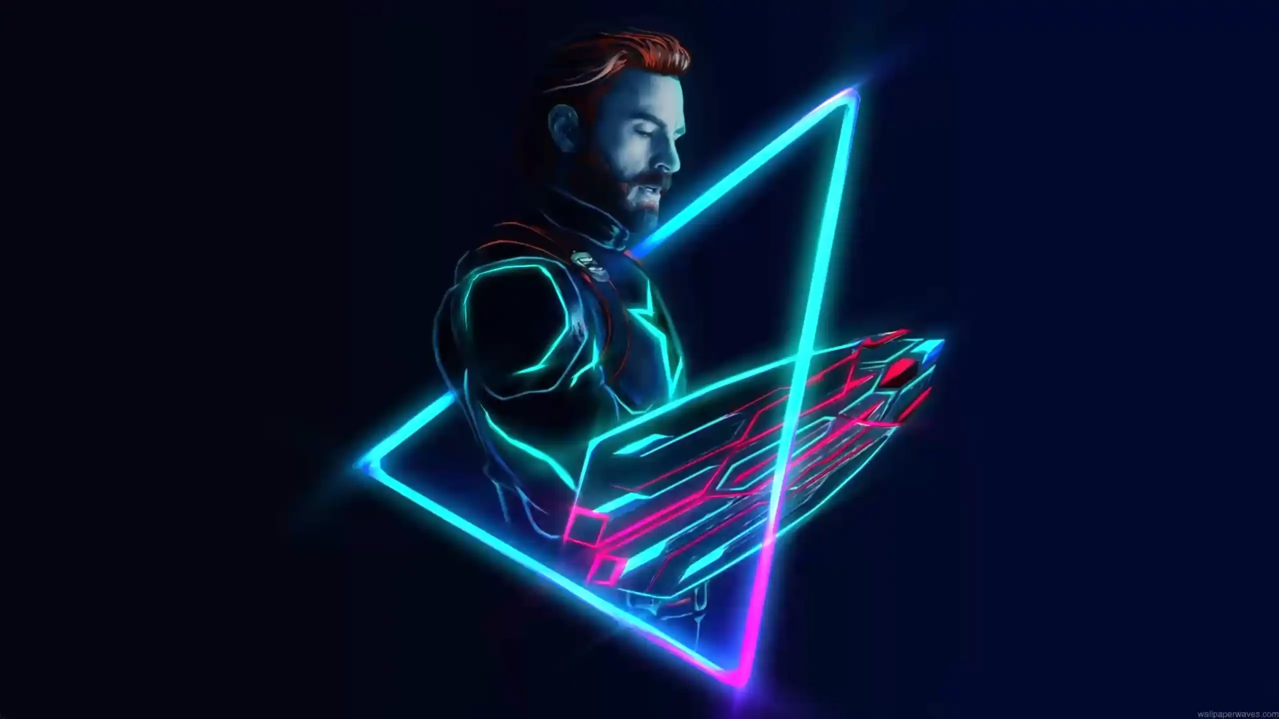 Glowing Captain America shield with red, white, and blue neon light effects spinning against a dark background with embers – live wallpaper.