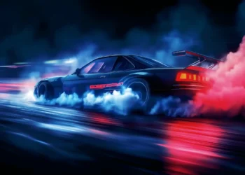 Neon-lit drift car performing a high-speed burnout at night with glowing lights, smoke, and reflective wet pavement – wallpaper.