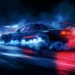 Neon-lit drift car performing a high-speed burnout at night with glowing lights, smoke, and reflective wet pavement – wallpaper.