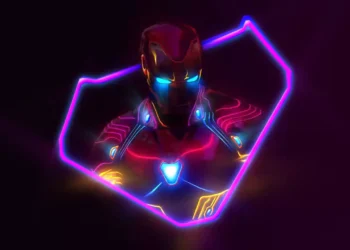 Glowing Iron Man suit with neon red and blue lights, arc reactor and eyes illuminated against a dark high-tech background – live wallpaper.