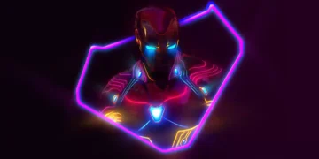 Glowing Iron Man suit with neon red and blue lights, arc reactor and eyes illuminated against a dark high-tech background – live wallpaper.