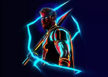 Stormbreaker glowing with blue lightning surrounded by storm clouds and neon energy in a powerful Thor-themed scene – live wallpaper.
