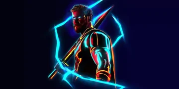 Stormbreaker glowing with blue lightning surrounded by storm clouds and neon energy in a powerful Thor-themed scene – live wallpaper.