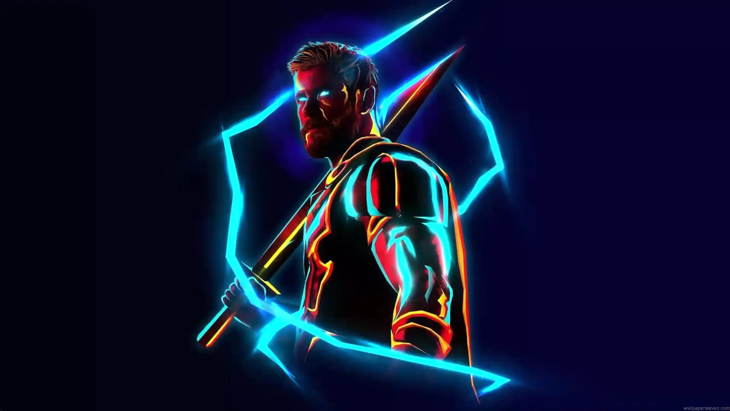 Stormbreaker glowing with blue lightning surrounded by storm clouds and neon energy in a powerful Thor-themed scene – live wallpaper.