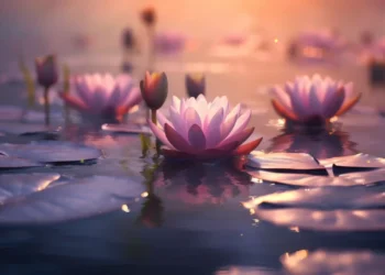 Tranquil pink lotus flowers floating on a calm lake with golden sunlight and misty forest in a peaceful nature setting – animated wallpaper.