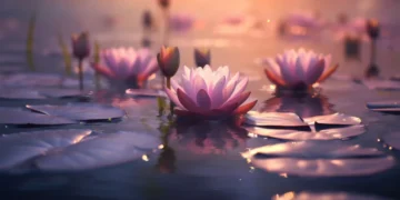 Tranquil pink lotus flowers floating on a calm lake with golden sunlight and misty forest in a peaceful nature setting – animated wallpaper.