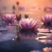 Tranquil pink lotus flowers floating on a calm lake with golden sunlight and misty forest in a peaceful nature setting – animated wallpaper.