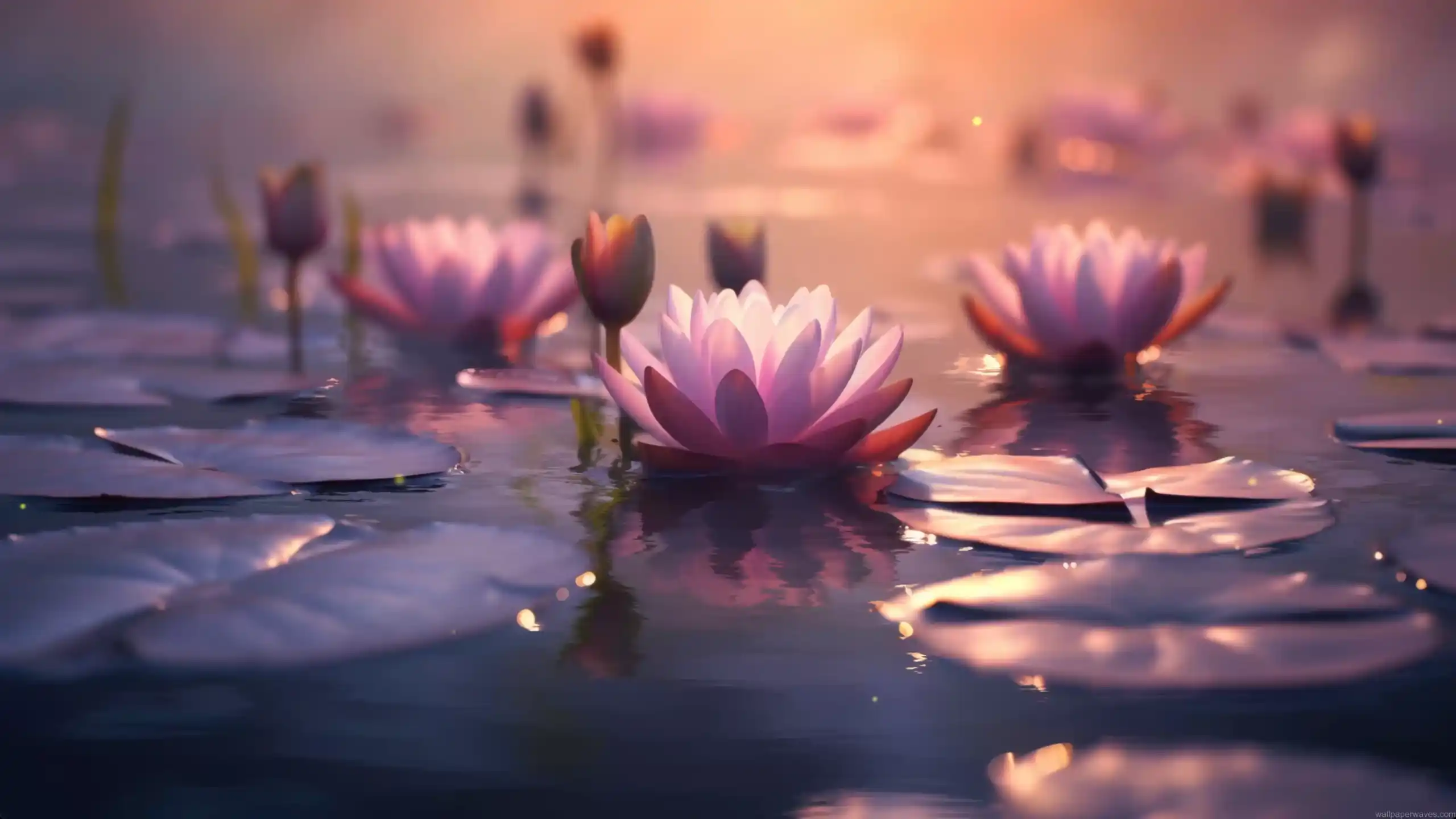 Tranquil pink lotus flowers floating on a calm lake with golden sunlight and misty forest in a peaceful nature setting – animated wallpaper.