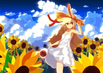 Pixel bunny girl standing in sunflower field under a warm sky with swaying flowers, pixel art live wallpaper
