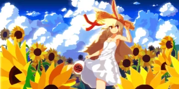 Pixel bunny girl standing in sunflower field under a warm sky with swaying flowers, pixel art live wallpaper