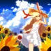 Pixel bunny girl standing in sunflower field under a warm sky with swaying flowers, pixel art live wallpaper