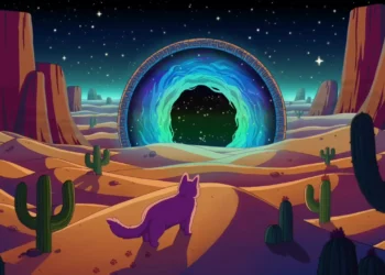Purple cat stepping into glowing cosmic portal with surreal background, whimsical space live wallpaper