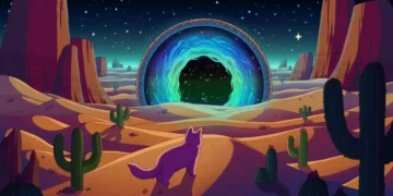 Purple cat stepping into glowing cosmic portal with surreal background, whimsical space live wallpaper