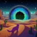 Purple cat stepping into glowing cosmic portal with surreal background, whimsical space live wallpaper